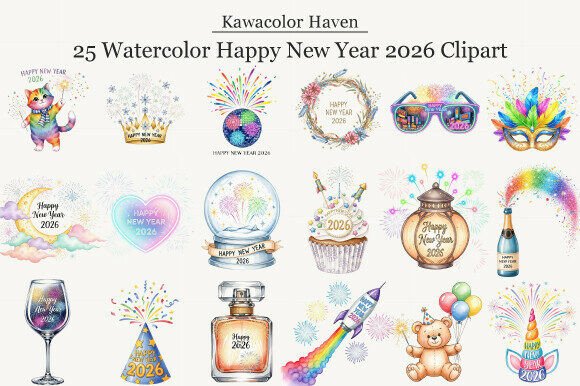 Celebrate with Style: Watercolor Happy New Year 2026 Clipart
