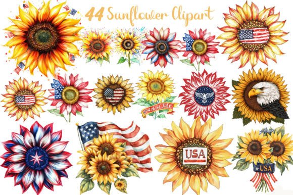 Sunflower 4th of July Clipart: Patriotic Floral Design Assets