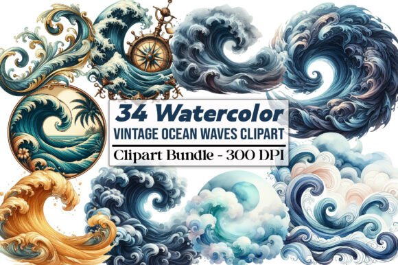 Vintage Ocean Waves Clipart: Infuse Coastal Charm into Your Projects