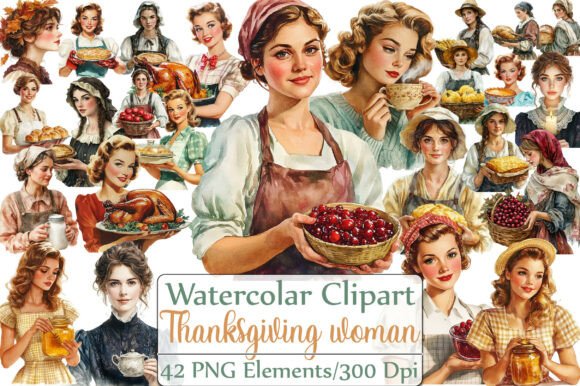 Vintage Thanksgiving Woman Clipart for Autumn Projects